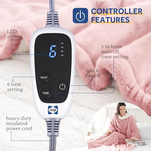 Sealy Electric Blanket Wearable with Foot Pocket, Electric Snuggle Blanket with Sleeves, Flannel & Sherpa Heating Throw with 6 Heat Settings & 2-10 Hours Auto Shut Off, 50 * 70"+18", Pink