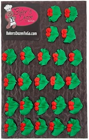 Christmas Holly 24 pc Edible Royal Icing Cupcake Topper by BakersDozenToGo (Choose Style Below)