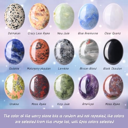 WHAL&YUNE Gemstone Palm Stone Healing Crystals Worry Stone Natural Polished Gemstone for Meditation Energy Balancing Therapy Massage Gifts-1.7 inches (Random Color 6PCS)