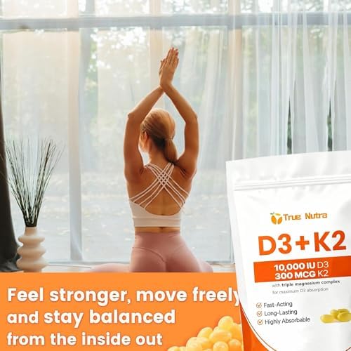 D3 K2，Vitamin D3 K2 10,000 IU Magnesium Supplement, Non-GMO, Gluten-Free,Supports Immune & Energy, 300 Coconut Oil Softgels