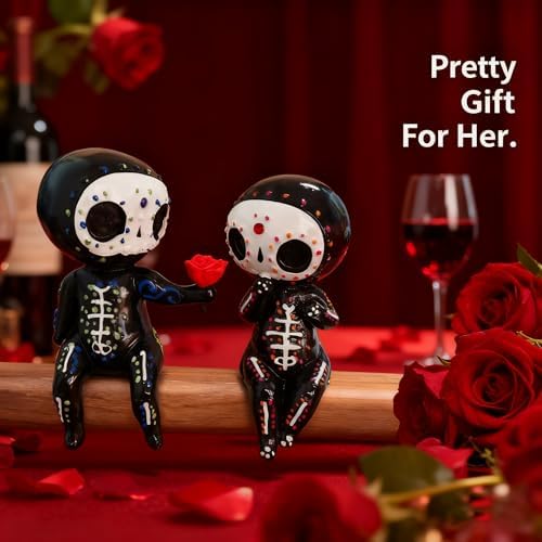 Sugar Skull Statue， Sugar Skull Couple Figurine Desktop Ornaments Indoor Decoration (Rose)