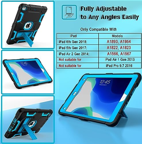 CCMAO Case for iPad 6th/5th Generation (9.7-inch, 2018/2017), iPad Air 2nd Generation Case (2014) with Kickstand, Hybrid Shockproof Protective iPad 9.7 Case, Black+Blue
