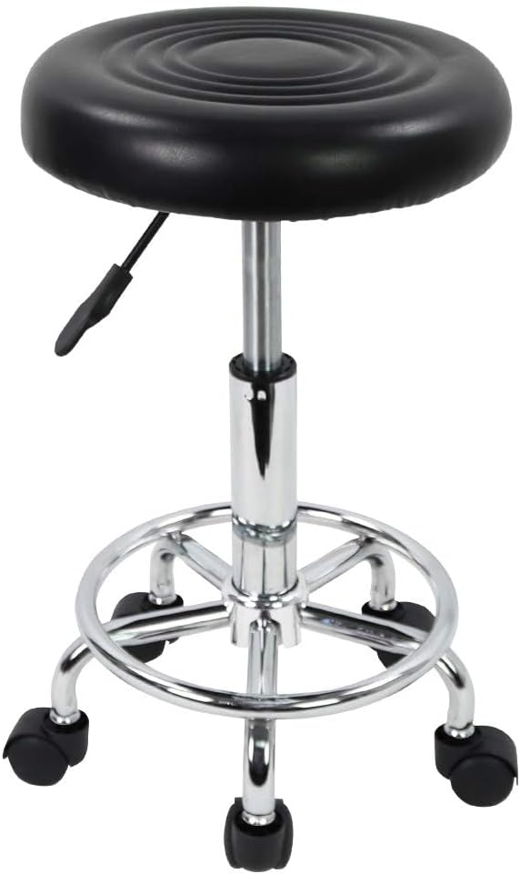 PU Leather Modern Round Rolling Stool with Footrest Height Adjustable Spa Drafting Salon Tattoo Work Massage Stools Task Chair Small (Black)