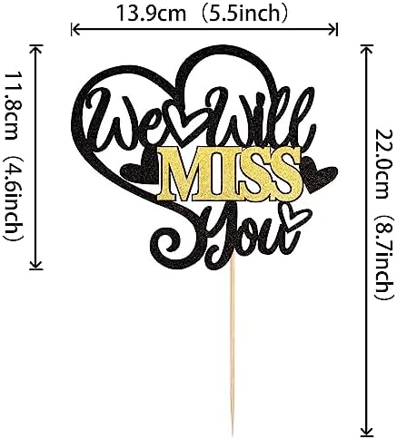 1 PCS We Will Miss You Cake Topper Black Glitter Heart Good Luck Cake Pick Decoration for Going Away Farewell Retirement Graduation Theme Party Cake Decorations Supplies