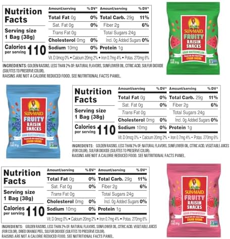 Sun-Maid Fruity Raisin Snack Variety Pack - Sour Strawberry, Watermelon & Blue Raspberry - (24 Pack) 1.33 oz Pouches