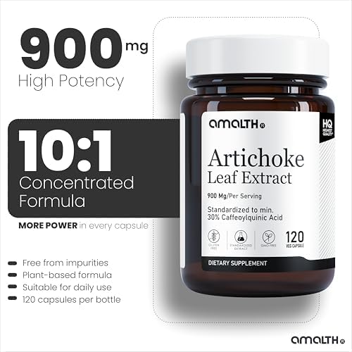 Amalth Artichoke Leaf Extract 120 Veg Capsules -20% Caffeoylquinic Acid Standardized Extract - Non-GMO Gluten Free