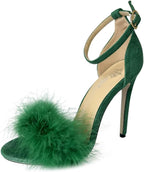 MMJULY Women's Open Toe Ankle Strap Fluffy Feather Stiletto High Heel Dress Sandal