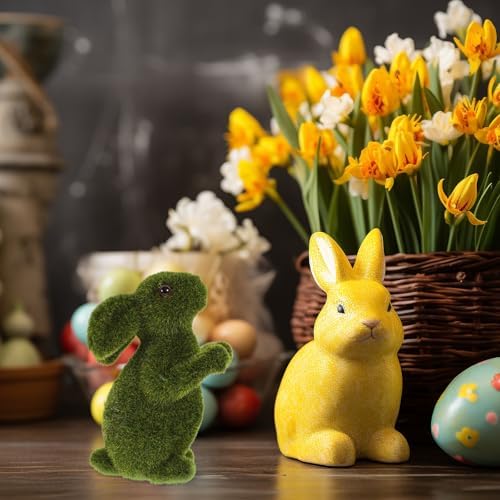 Zerodeko Easter Moss Bunny Figurine, Flocked Green Standing Rabbit Statue Decorations for Easter, Home, Office Table Ornament,6.29X4.72X2.75inch