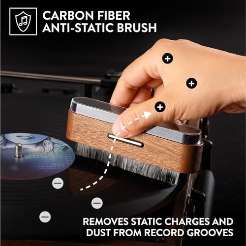 Big Fudge Vinyl 2-in-1 Wooden Record Cleaning Brush - Record Player Accessories and Gifts - LP Cleaner and Static Dissipator - Carbon Fibre and Velvet Brush Kit for Vinyl Records