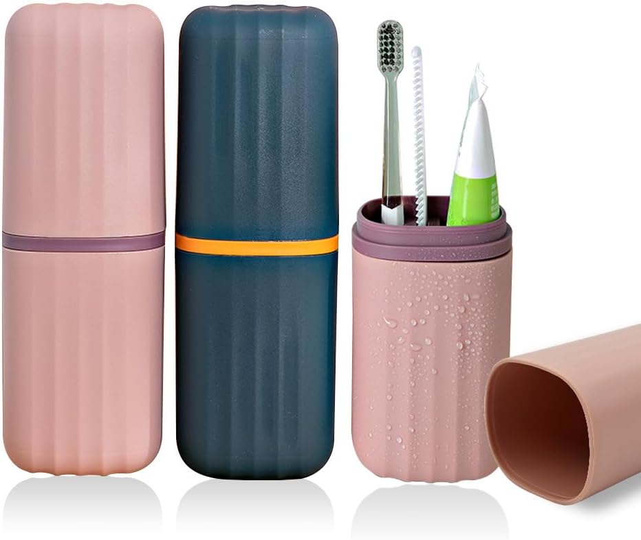 2 Pack Travel Toothbrush Holder, 2 in 1 Toothbrush and Toothpaste Case for Traveling, Portable Tooth Brush Cup with Cover, Toothbrush Holder for Camping Business Trip Bathroom School, Pink and Blue