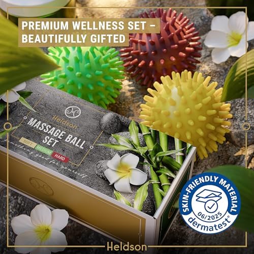 HELDSON® 3 Spiky Massage Balls Set [Soft, Medium, Hard] - Foot Roller Massager Spikes - Spike Trigger Point Ball for Back Pain Relief & Feet - Plantar Fasciitis Deep Tissue Therapy - Spikey Pressure