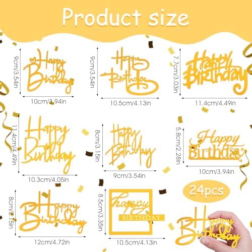 24 PCS Happy Birthday Cake Toppers, Mirror Acrylic Side Cake Decorations with 8 Styles in Gold Silver Black, Elegant Cupcake Toppers for Birthday Party Desserts Pastries DIY