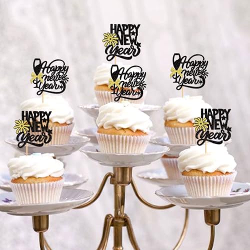 24 Pcs Happy New Year Cupcake Toppers Welcome 2026 Picks Fireworks Goblet Cupcake Toppers for Congratulations 2026 Happy New Year Eve Holiday Theme Holiday Party Decoration Black 1