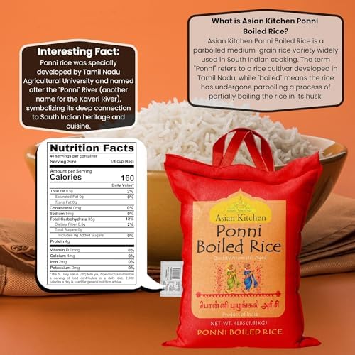 Asian Kitchen Ponni Boiled Rice 4-Pound Bag, 4lbs (1.81kg) Short Grain Par Boiled Rice ~ All Natural | Gluten Friendly | Vegan | Indian Origin | Export Quality