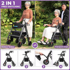 Heavy Duty Rollator Walker for Seniors with Seat, Foldable 2 in 1 Rolling Walkers Wheelchair Combo for Adult, All Terrain Wheels, Adjustable Transport Chair with Brake, 450 lb. Weight Capacity, Grey