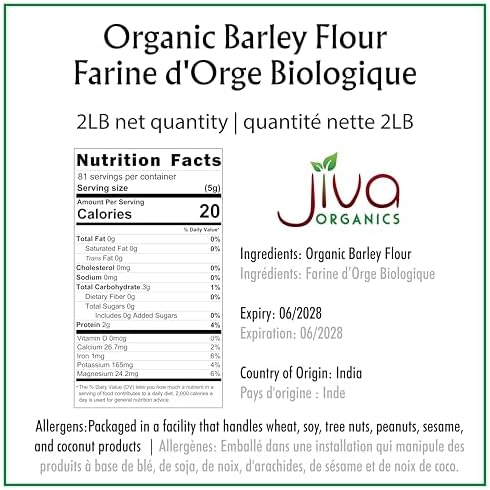 Jiva Organic Barley Flour 2 Pound - All Natural & Raw - Product of India