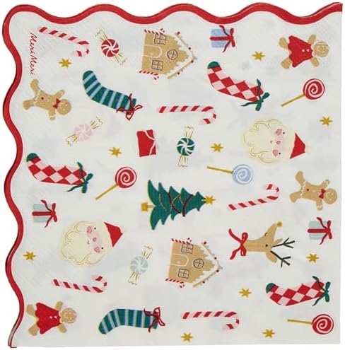 Meri Meri Christmas Paper Napkins (Pack of 16), Square Christmas Napkins Disposable, Thick & Absorbent 3-Ply Paper, Wavy Border