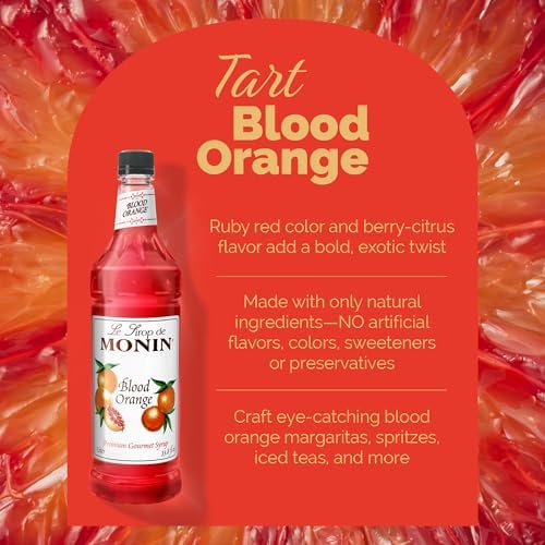 Monin - Blood Orange Syrup, Berry Citrus Flavor, Natural Flavors, Great for Cocktails, Mocktails, and Lemonades, Non-GMO, Gluten-Free (1 Liter)