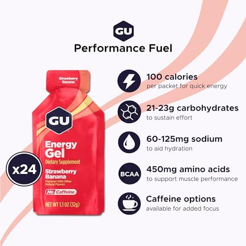 GU Energy Original Sports Nutrition Energy Gel, Strawberry Banana, 24 Count Box