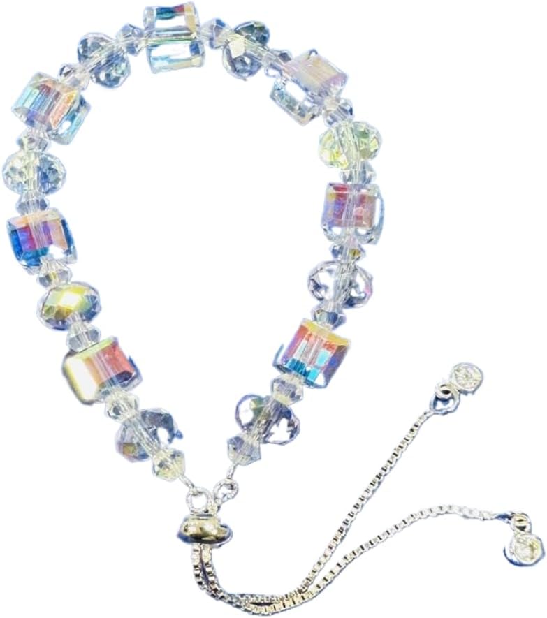 New Designed Iridescent Crystal Beaded Bracelet with Dangling Charms And Women's Gifts.The Sugar Austrian Crstal Bracelet is a Delicate Gorgeous Bracelet for Lady With Adjustable Elasticity (8mm Square White AB)