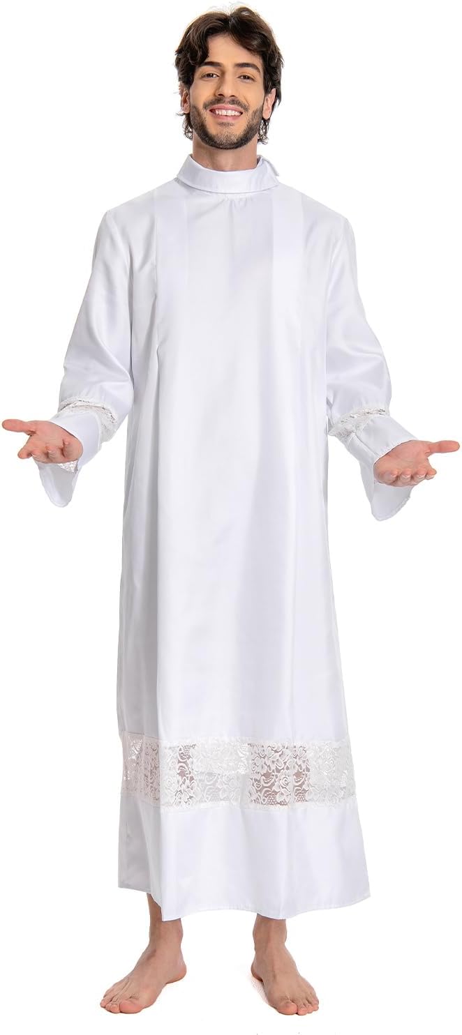 Men White Priest Robe Clergy Cassock Catholic Gown Pastor Outfits Christian Costume Halloween Cosplay
