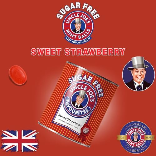 Uncle Joe’s Sugar Free Sweet Strawberry Hard Candy 120g Tin (4.23 Oz) | Old Fashioned British Boiled Sweets | Zero Sugar Strawberry Candy Gift Tin, Diabetic Friendly, Vegetarian, Imported from UK