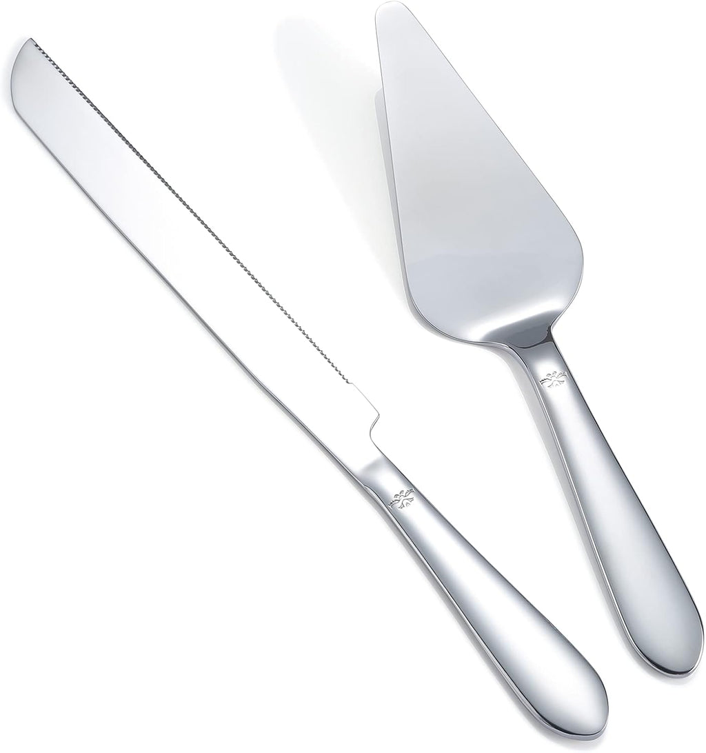 Eisinly Cake Cutting Set for Wedding, Elegant Cake Knife and Server Set with Thickened Stainless Steel Rounded Edges, Cake Cutter and Pie Spatula for Birthday Anniversary, 2 Pcs, Silver