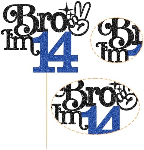 Gyufise 1Pc Brother I'm 14 Cake Topper Glitter Happy 14th Birthday Cake Pick Bro I'm 14 Cake Decoration It's My 14th Birthday Decorations for Boy Cheers to 14 Years Old Party Supplies Blue Black