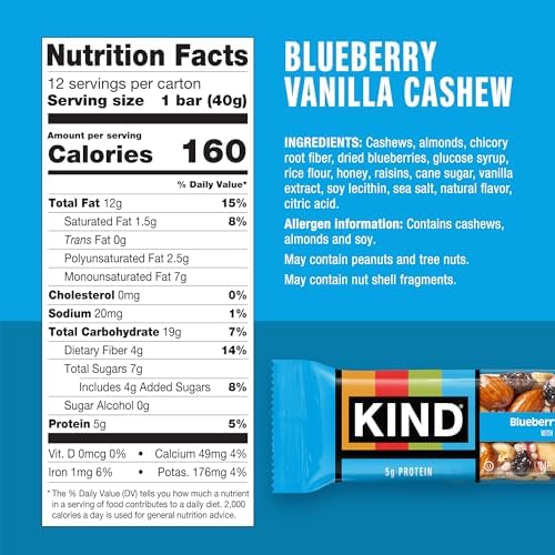 KIND Healthy Snacks Bars, Blueberry Vanilla Cashew, Gluten Free, 5g Protein, 12 Count