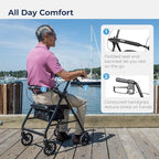 Drive Medical Aluminum Rollator Walker - Fold Up & Removable Back Support - Padded Seat - 6 Inch Wheels - Lightweight Portable Design - Indoor Outdoor Mobility Aid - Black
