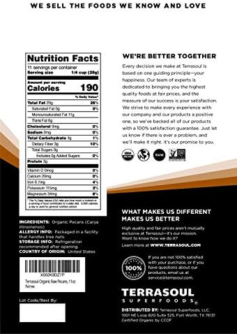 Terrasoul Superfoods Organic Pecans, 11 Oz (Pack of 2) - Mammoth Halves | Fresh | Raw