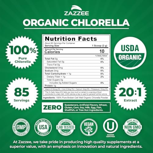 Zazzee USDA Organic Chlorella Powder, Broken Cell Wall, 6 oz, 85 Servings, Free Scoop Included, 100% Pure, 20:1 Extract, Nutrient-Dense Superfood, Green Algae Powder, All-Natural, Non-GMO, Made in USA