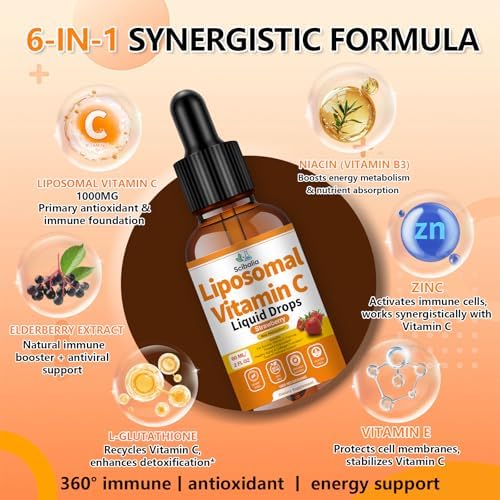 Liposomal Vitamin C 1000mg Drops High Potency 6-in-1 Fat Soluble VIT C w. Zinc Elderberry Glutathione Niacin for Immune Support Antioxidant Collagen Production丨High Absorption Liquid Vitamin C Formula