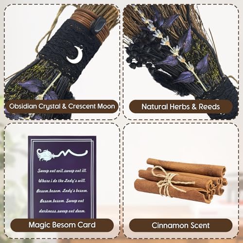 Cinnamon Broom 7.5 Inch Handmade Witch Broom for Altar Mini Cinnamon Broomstick Scented Natural Herbal Protection Magic Witchcraft Supplies for Halloween Wiccan Décor Witchy Gifts (Black)
