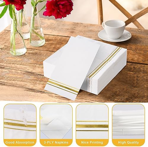 100 3-Ply Gold Napkins Disposable Elegant Dinner Paper Napkins, White and Gold Foil Guest Napkins Hand Towels for Bathroom Wedding Kitchen Birthday Parties