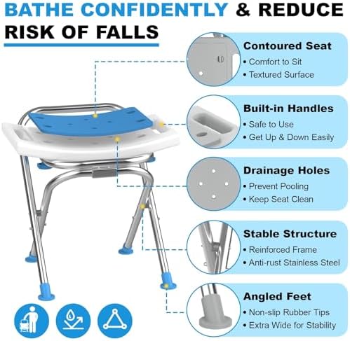 Medhelp Folding Shower Chair for Inside Shower, Stainless Steel Foldable Shower Stool, 400lbs Portable Folding Shower Seat for Travel, Anti-Slip Small Shower Chair for Elderly Disabled Injured, White
