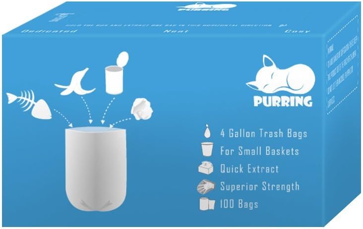 Purring Small Wastebasket Liners with Quick-Dispense, 4 Gallon Waste Basket Bags with Cute and Compact Package, 100 Count (Blue)