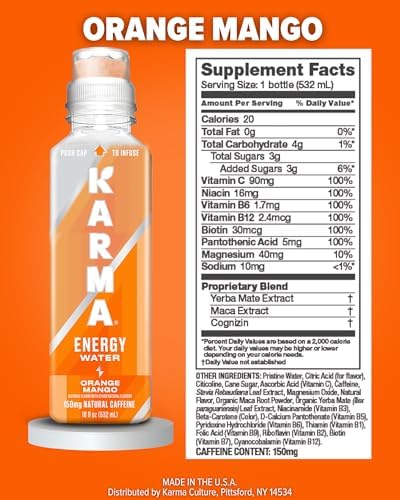 Karma Energy Drink – 12 Pack, Orange Mango Caffeinated Water with Cognizin Nootropics, Vitamins & Immune Support, Low Calorie