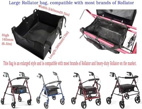 Rollator Bag, Basket, Storage Bags, Large rollator Walker Basket, Compatible with All Brands of Rollator and Heavy-Duty Rollator, (15”*9.5”*6.5”),Universal Replacement Parts, 1Ea, Black.