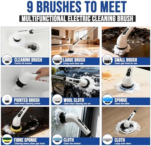 Electric Spin Scrubber Cordless Electric Cleaning Brush with LCD Power Display 9 Replaceable Heads Dual Speed IPX7 Waterproof Electric Scrubber for Cleaning Bathroom Tiles Floor Kitchen & Car