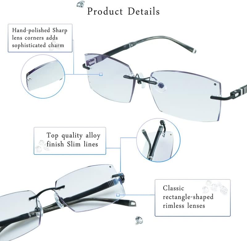 LifeArt Blue Light Blocking Glasses, Computer Reading Glasses, Anti Blue Rays, Reduce Eyestrain, Rimless Frame Tinted Lens with Diamond, Stylish for Men and Wowen (No Magnification)