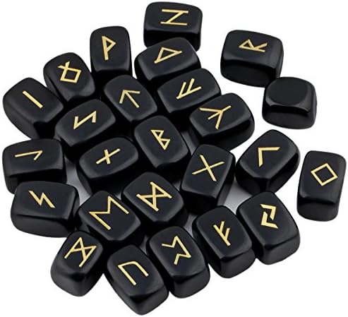 mookaitedecor Rune Stones Set with Engraved Elder Futhark Alphabet Crystal Meditation Divination, Black Obsidian