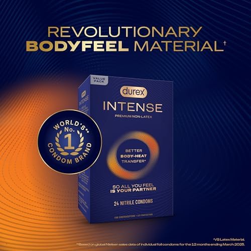 Durex Intense Non Latex Condoms, Ultra Thin Condoms Lubricated with Silicone Lube, Premium Nitrile, Latex Free, 24 count