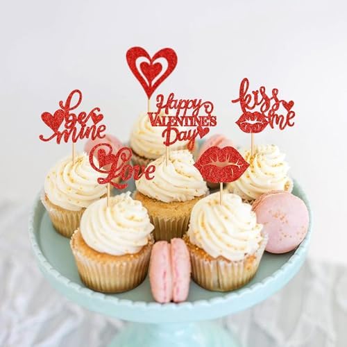 24 PCS Happy Valentine's Day Cupcake Toppers Glitter Love Heart Lip Kiss Me Love Be Mine Cupcake Picks for Valentine's Day Theme Wedding Party Cake Decorations Supplies Red