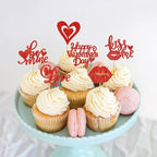 24 PCS Happy Valentine's Day Cupcake Toppers Glitter Love Heart Lip Kiss Me Love Be Mine Cupcake Picks for Valentine's Day Theme Wedding Party Cake Decorations Supplies Red