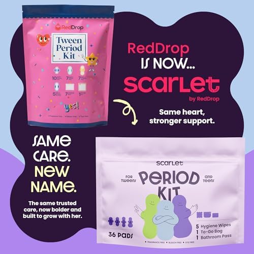 Scarlet by RedDrop Tween Period Kit for Girls 9–12 (45 Pcs) | 36 Pads with Wings (Light, Moderate, Heavy, Max), 5 Wipes, PU Bag, Education Booklet, Bathroom Pass & Sticker Sheet