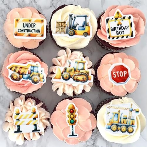 44PCS Edible Construction Cupcake Toppers Under Construction Stop Sign Traffic Light Dump Truck Excavator Tractor Cupcake Picks for Construction's Theme Baby Shower Boys Birthday Party Decors