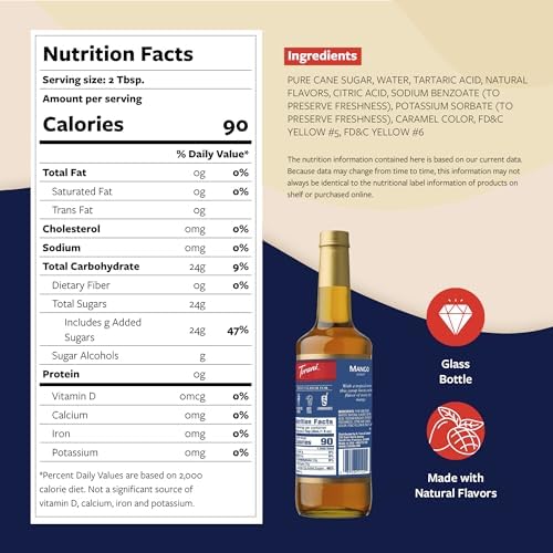 Torani Mango Syrup for Drinks, Flavoring for Iced Tea, Lemonade, and Sodas, Glass Bottle with Pump Included, 25.4 Fl Oz