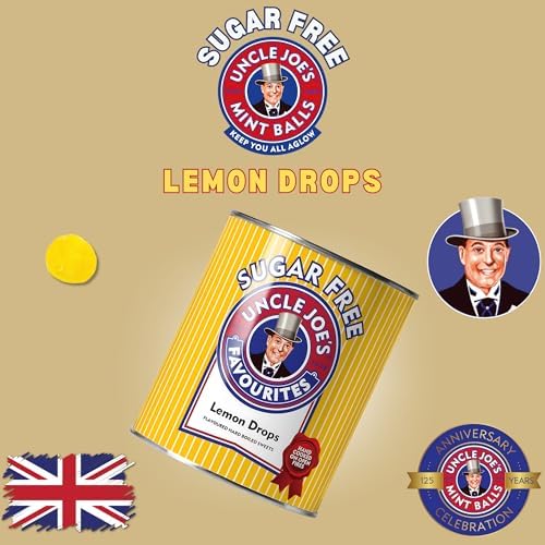 Uncle Joe’s Sugar Free Lemon Drops Hard Candy 4.23 Oz Tin (Pack of 2) | Individually Wrapped Old Fashioned British Boiled Sweets | Sweet & Sour Lemon Candy for Dry Mouth Relief & Mouth Watering Flavor