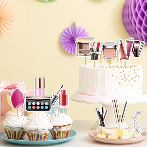 24PCS Makeup Cupcake Toppers - Makeup Cupcake Toppers for Girls Make-up Birthday Party Decorations Cosmetics Cake Toppers Make Up Party Supplies for Bridal Shower Cosmetics Party